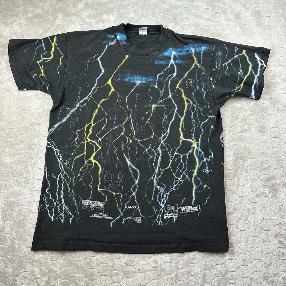 Vintage Wild Oats Lightning Test Print Shirt XL AOP Rare Black T-Shirt Mens